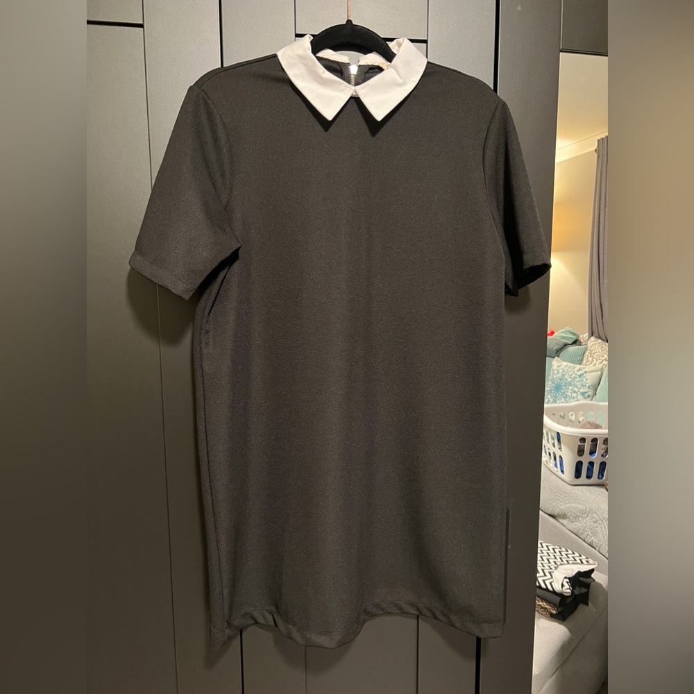 Black with white collared shirt or mini dress
